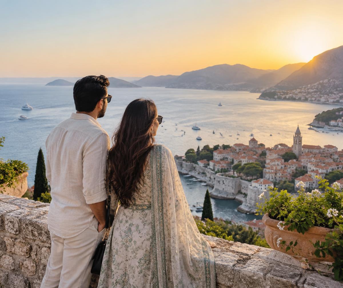 Travellers overlooking a European coastal destination